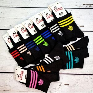 جوراب نیم ساق اسپرت طرح آدیداس مشکی نقشه رنگی لادن (12جفتی)